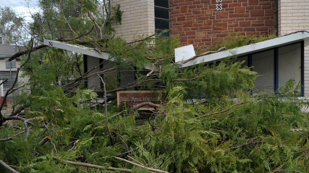 The John Flynn Memorial Church in Todd Mall, was hit by a falling tree.
