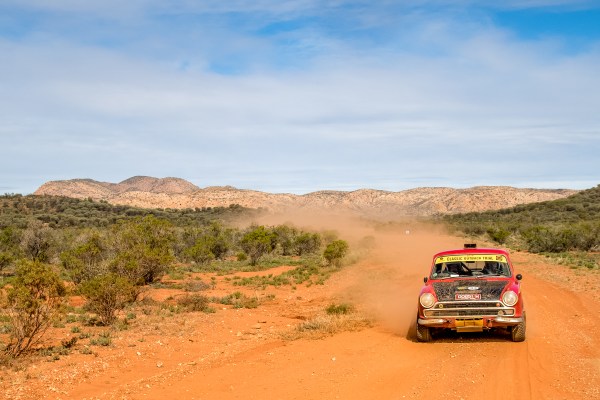 Ted and Joel Perkins enter the stage finish control in their Lotus Cortina